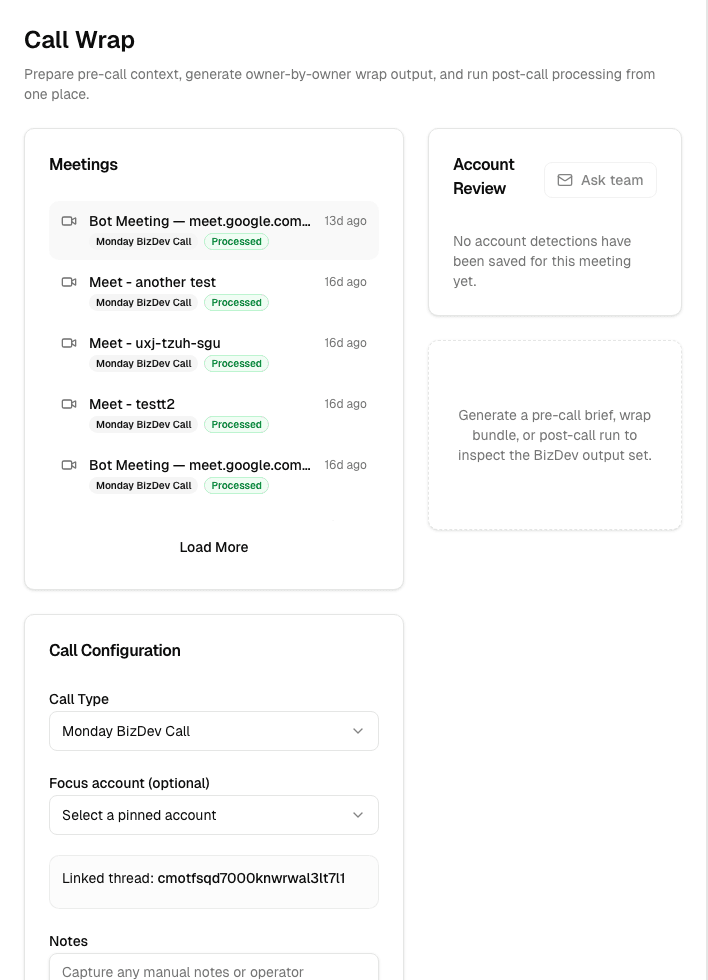 Sirano Flow Call Wrap control surface showing meeting list, account review, and call configuration