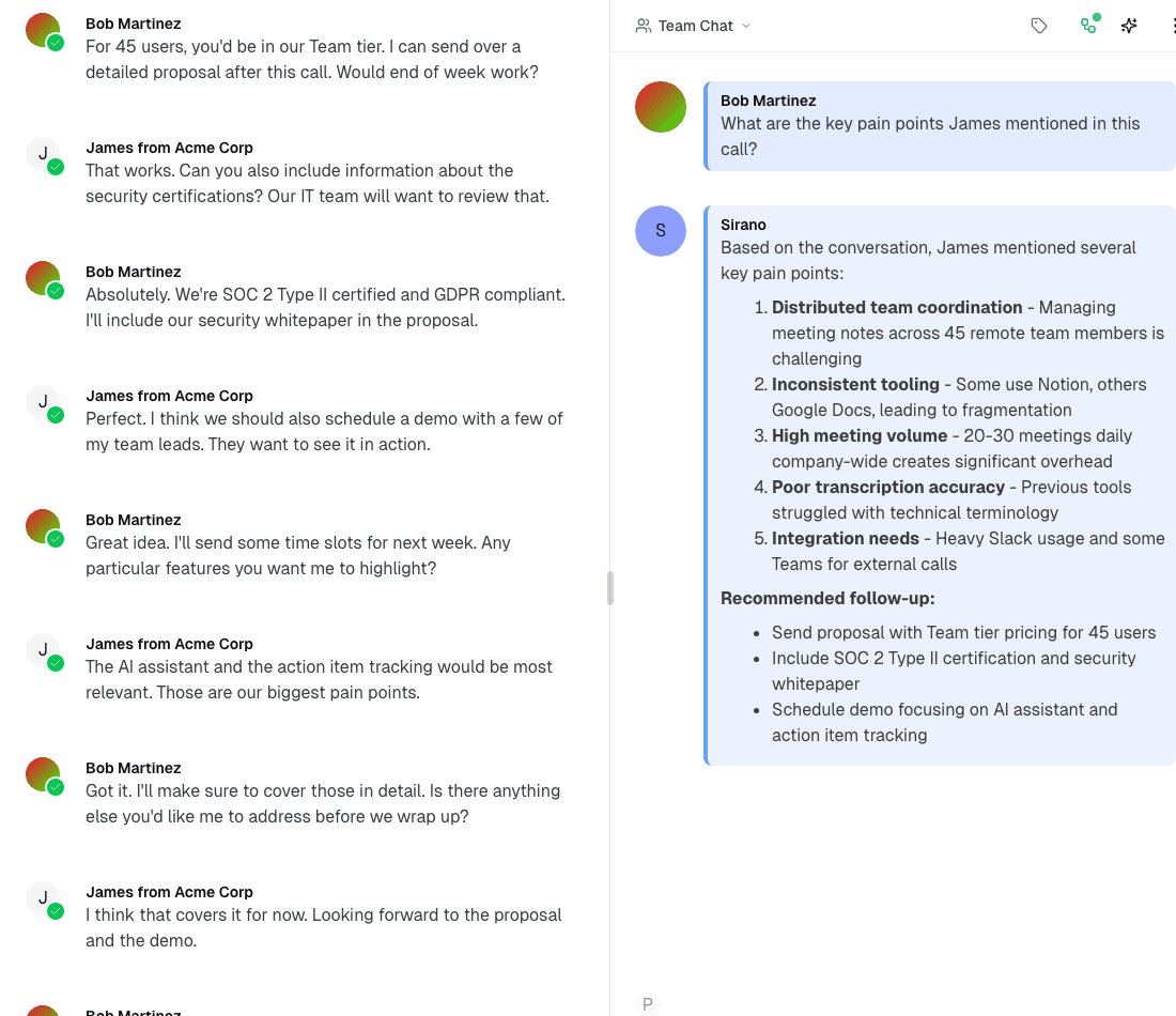 Sirano web meeting workspace showing transcript and AI chat